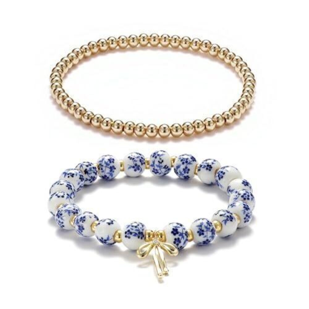 5754 Beads Bow Charm Bracelet Blue Flower Vintage Bracelet Handmade Stretch